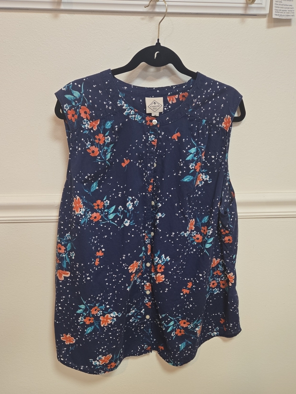 St. John's Bay Navy Floral Cap-Sleeve Button Front Blouse